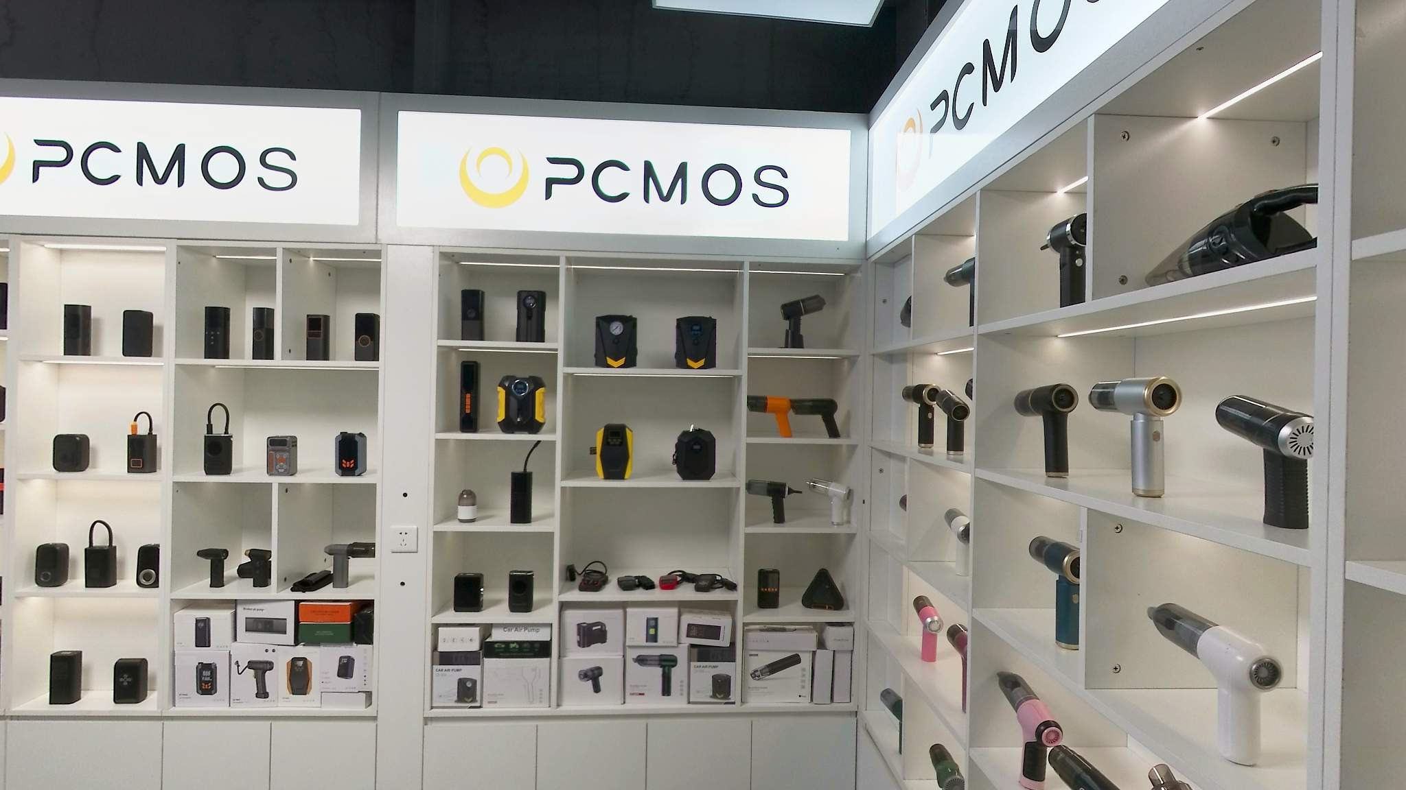 PCMOS Guangzhou product showroom with automotive electronics samples