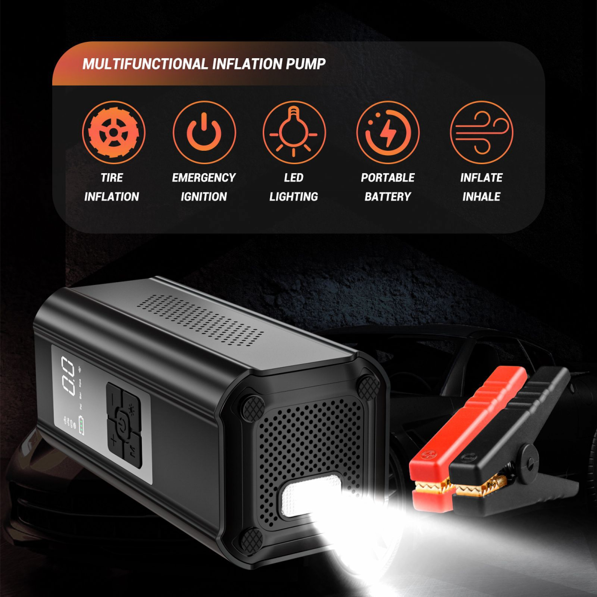 10000mAh Portable Emergency Jump Starter 150PSI Tire Inflators ABS Material Car Jump Starter Power Bank Battery Jump Starter