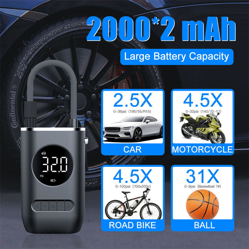 150PSI Tire Inflator Bike Car Air Pump Electric Rechargeable Air Compressor Portable Tire Inflator Tyre Pump Wireless