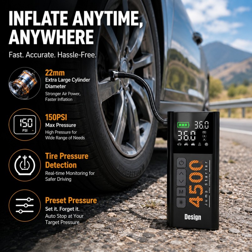 150Psi 4500A Portable 12000mAh Power Bank Air Pump Portable Air Compressor Tyre Inflator Car Jump Starter Booster
