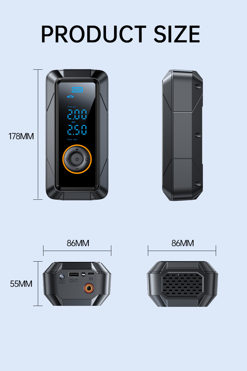150psi Digital Display ABS Portable Car Air Tires Inflator Emergency Light 2000mAh Battery Wireless Electric Air Compressor