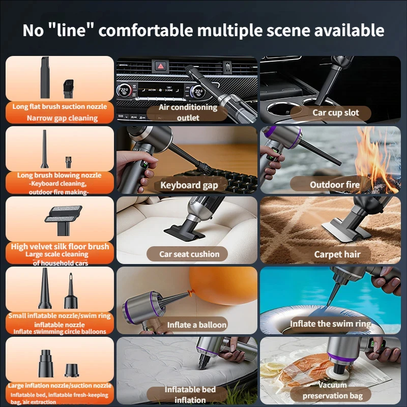17000Pa Electric Car & Home Vacuum Cleaner High Suction Brushless Motor Portable Cordless Handheld 30-45min Runtime Multi-Nozzle