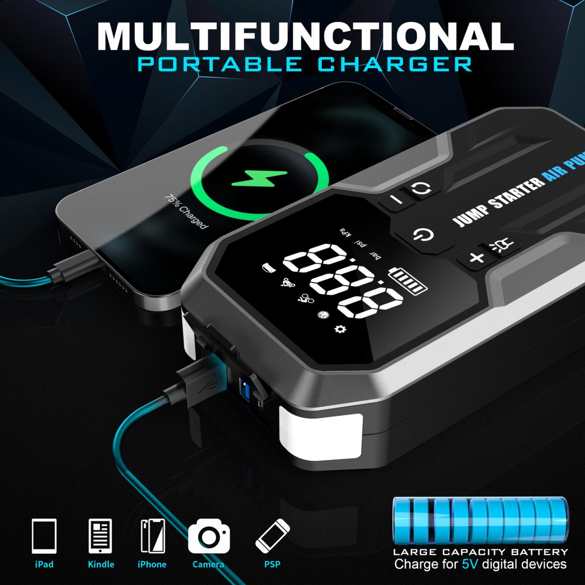 2000A Portable 14.8V ABS Car Jump Starter 12000mAh Air Compressor Power Bank with Emergency Light