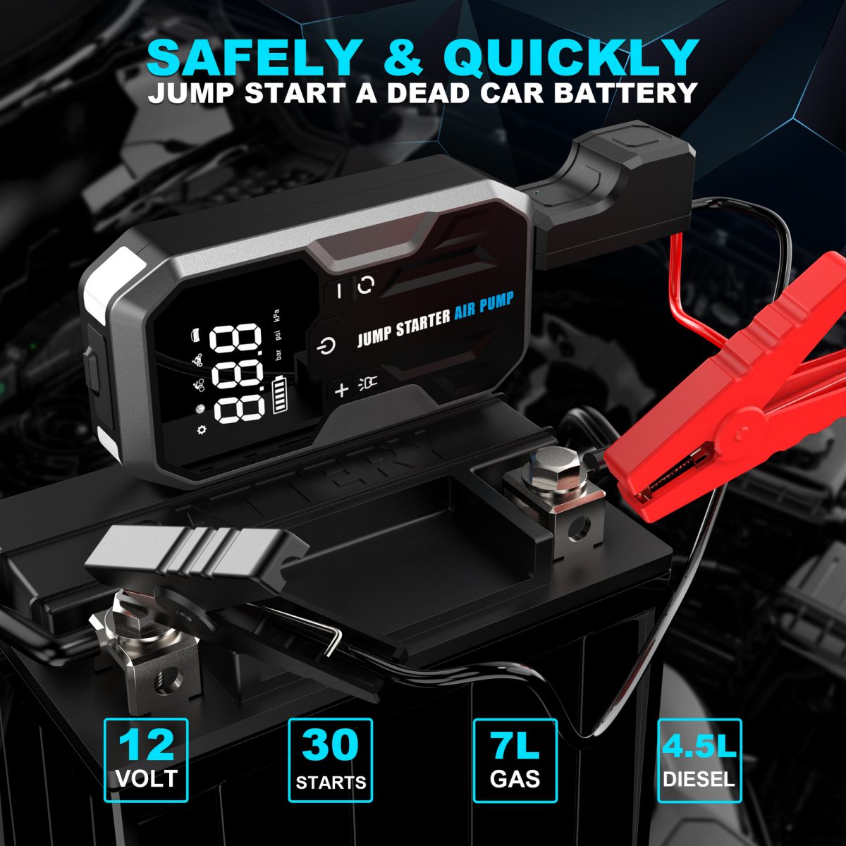 2000A Portable 14.8V ABS Car Jump Starter 12000mAh Air Compressor Power Bank with Emergency Light