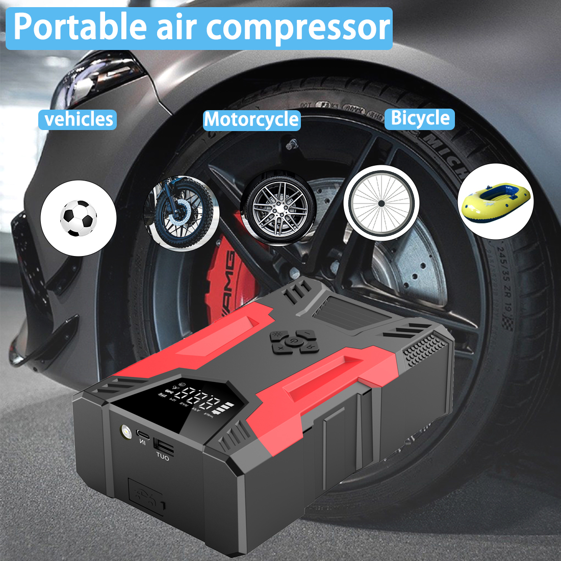 3000A 150PSI Car Battery Jump Starter LCD Display Auto Tire Inflator with LED Light for Car and Motorcycle Jump Start