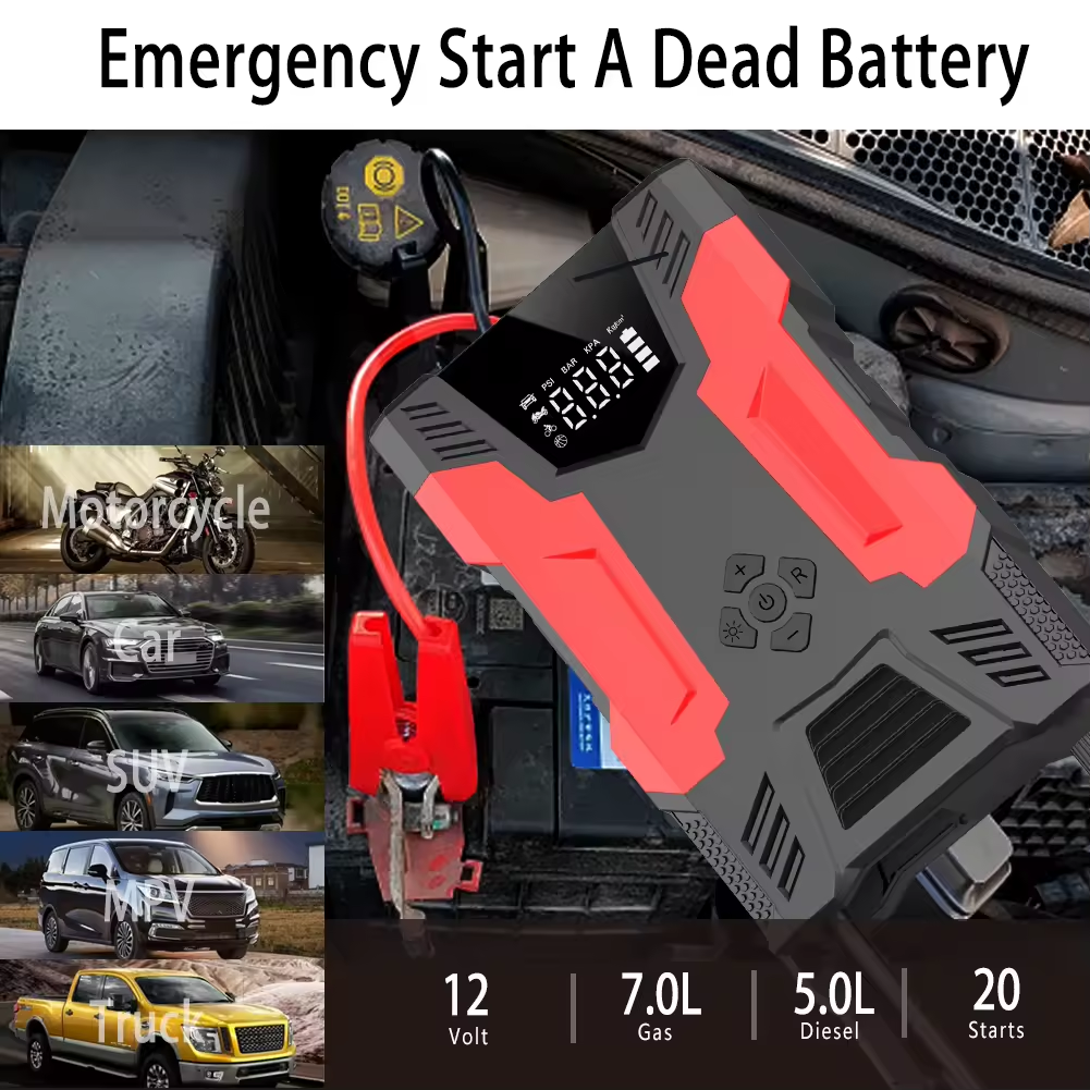 3000A Car Battery Booster Pack 150Psi Tire Inflator Jump Starter Power Bank with LED Light for Car and Motorcycle