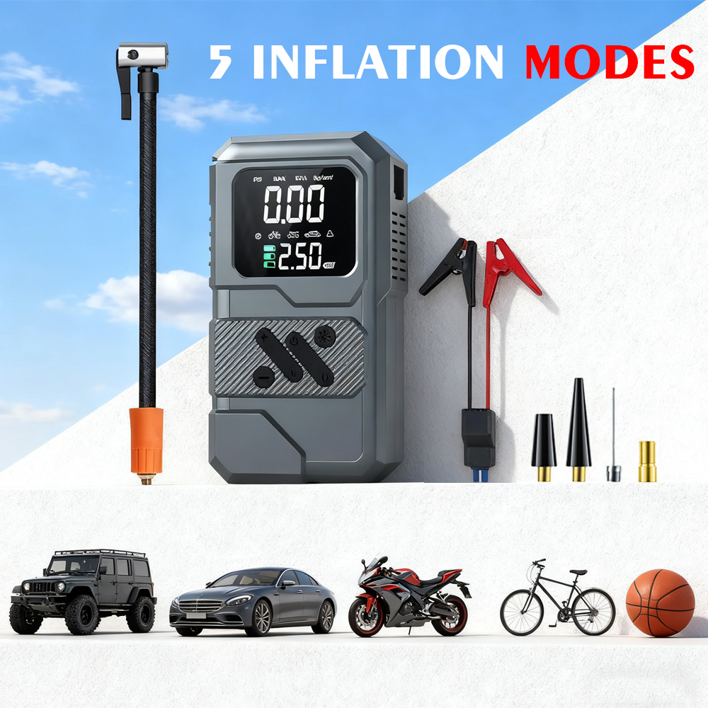 4 1 Portable ABS Jump Starter Car Battery Booster Power Bank 8000mAh Tire Air Pump Digital Pressure Gauge Emergency Lighting