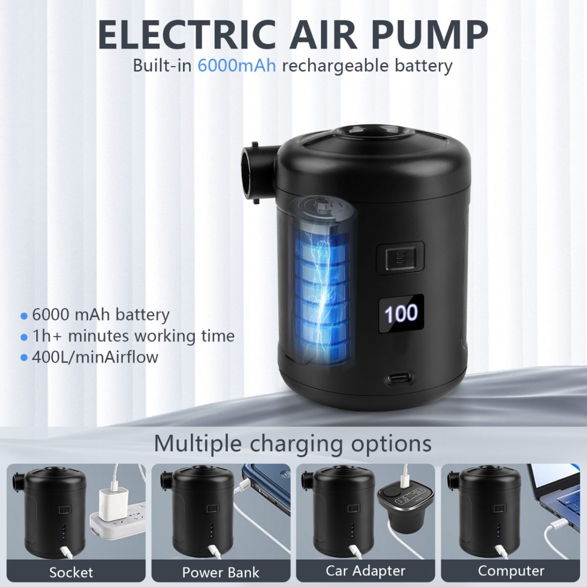 5 in 1 Mini Electric Air Pump with LCD Display 6000mAh Battery for Air Mattresses Pool Floats Vacuum Storage Bags