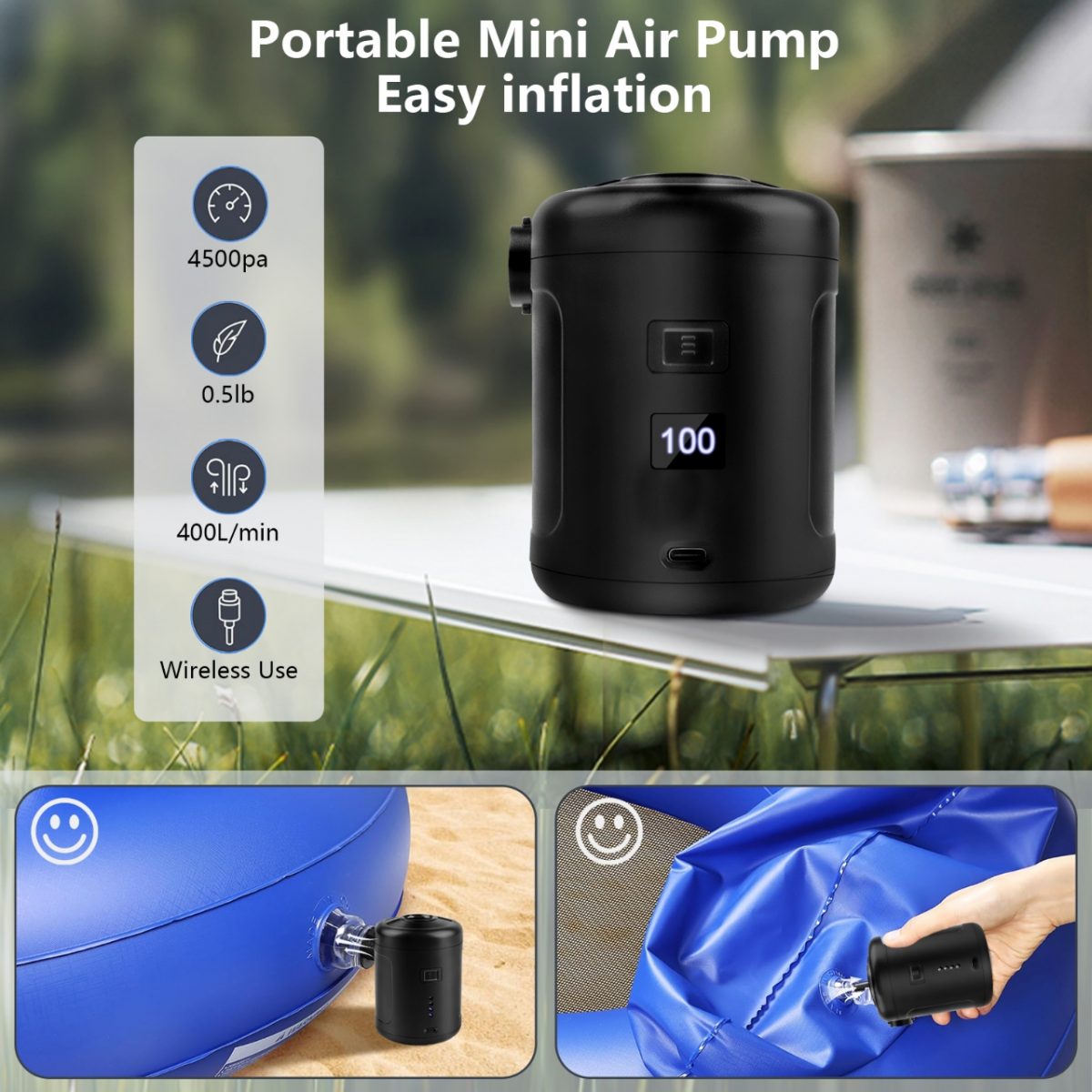 5 in 1 Mini Electric Air Pump with LCD Display 6000mAh Battery for Air Mattresses Pool Floats Vacuum Storage Bags