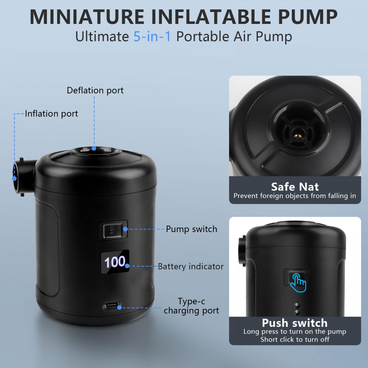 5 in 1 Mini Electric Air Pump with LCD Display 6000mAh Battery for Air Mattresses Pool Floats Vacuum Storage Bags