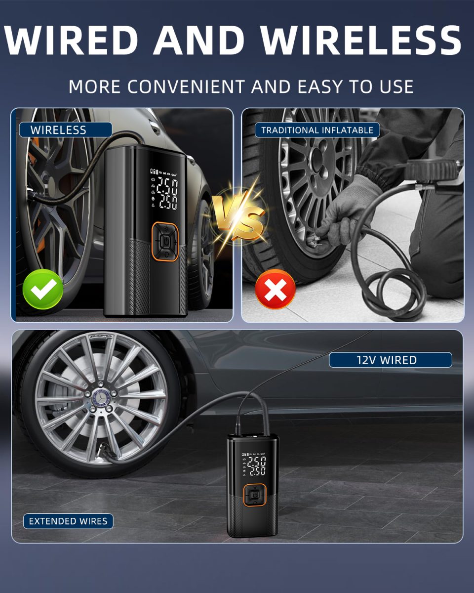 Dual Digital Display 19mm Rechargeable 100W Cordless Tire Inflator 4000mAh ABS Material 150psi Portable Air Compressor Emergency