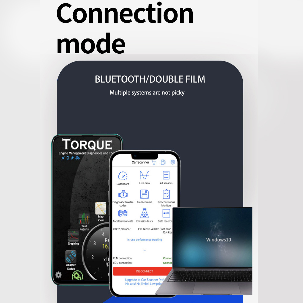 ELM327 OBD2 for Bluetooth 16 Pin Car Scanner Diagnostic Code Reader Detector for Android IOS Windows English-Licensed Vehicle To