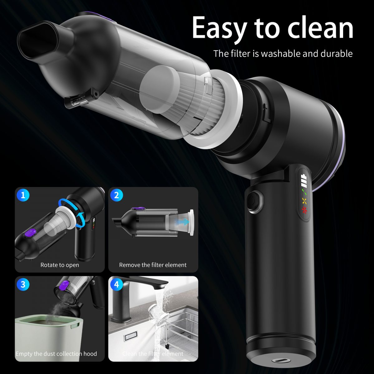 Handheld Car Vacuum Cleaner with 17000Pa Brushless Motor ABS Material LED Display 3 Nozzles Battery-Powered Wireless Design