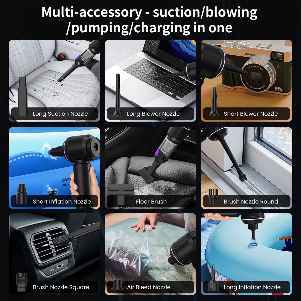 Handheld Car Vacuum Cleaner with 17000Pa Brushless Motor ABS Material LED Display 3 Nozzles Battery-Powered Wireless Design