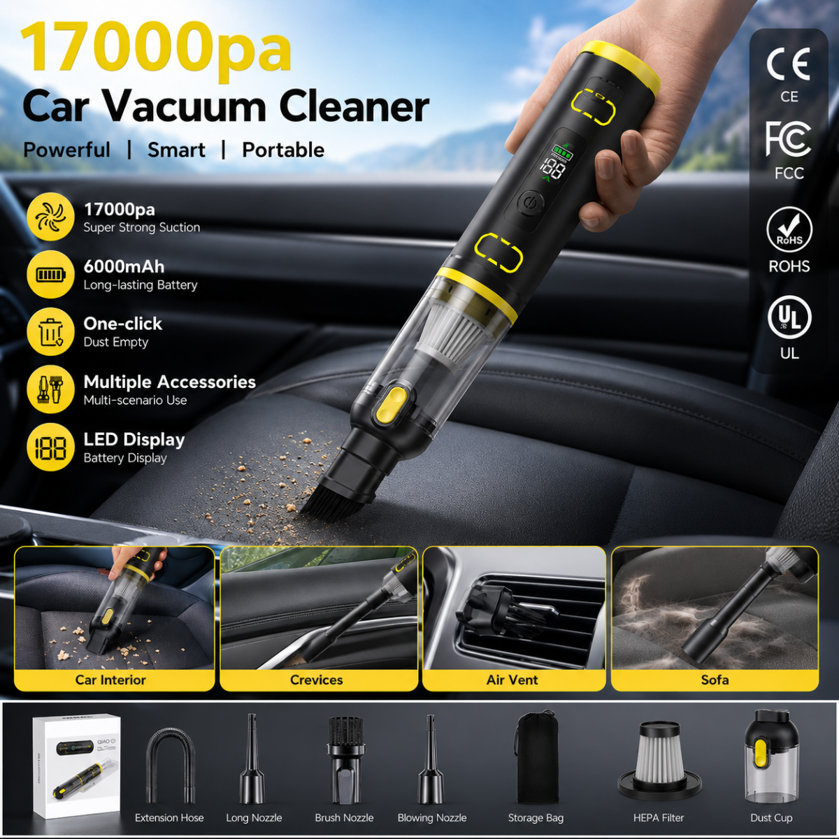 High Power 17000Pa Electric Cordless Handheld ABS Vacuum Cleaner Air Duster Rechargeable Portable Car LED Display