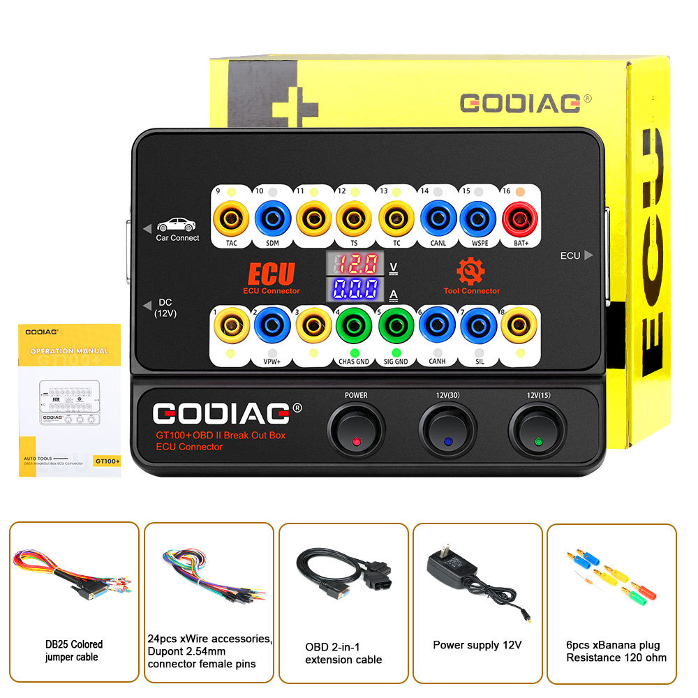 OBD GODIAG GT100+ OBDII Breakout Box, Advanced CAN Protocol Detector for ECU Bench Testing and Car Diagnostics