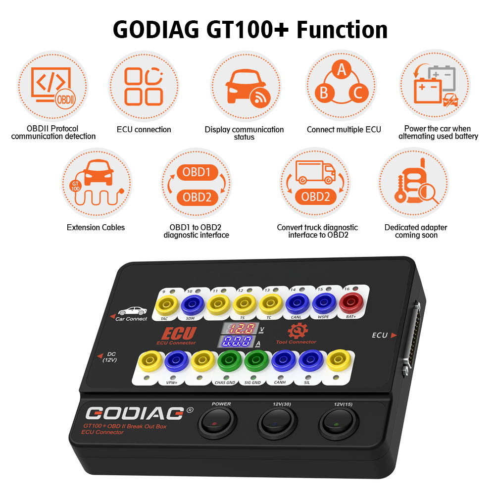 OBD GODIAG GT100+ OBDII Breakout Box, Advanced CAN Protocol Detector for ECU Bench Testing and Car Diagnostics