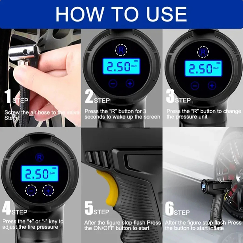 PCMOS Portable Air Compressor Tire Inflator With LED Light & LCD Display Cordless Tyre Inflator Handheld Air Pump