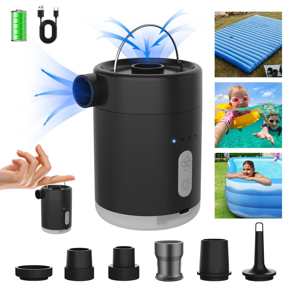 PCMOS Waterproof Rechargeable Electric Mini Pump 2500mAh Battery 400L/Min Air Flow Portable for Mattress/Pillow