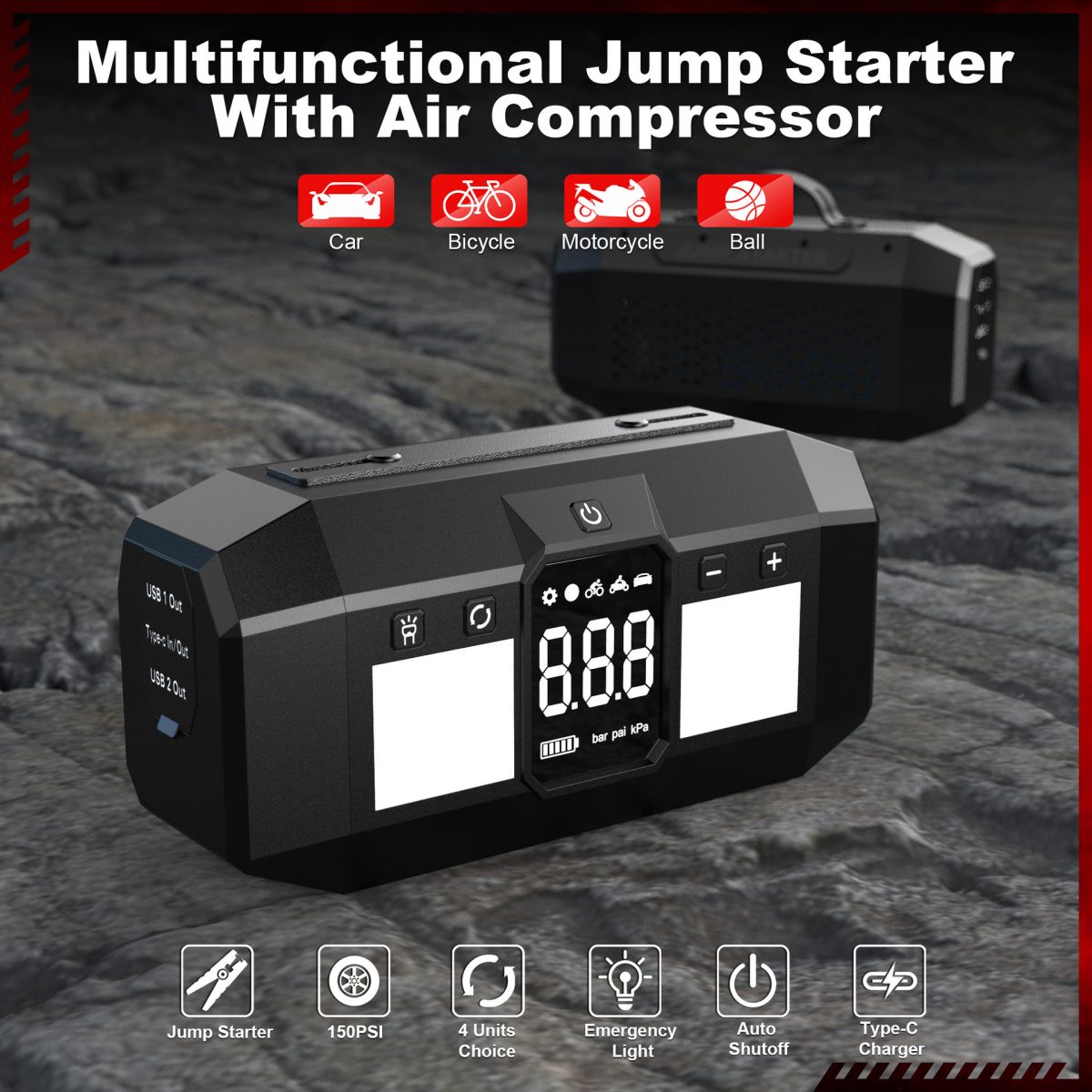 Portable 4000A Car Jump Starter Tire Inflator 30000mAh Battery Booster MultiFunctional Power Bank for Car Motorcycles Trucks