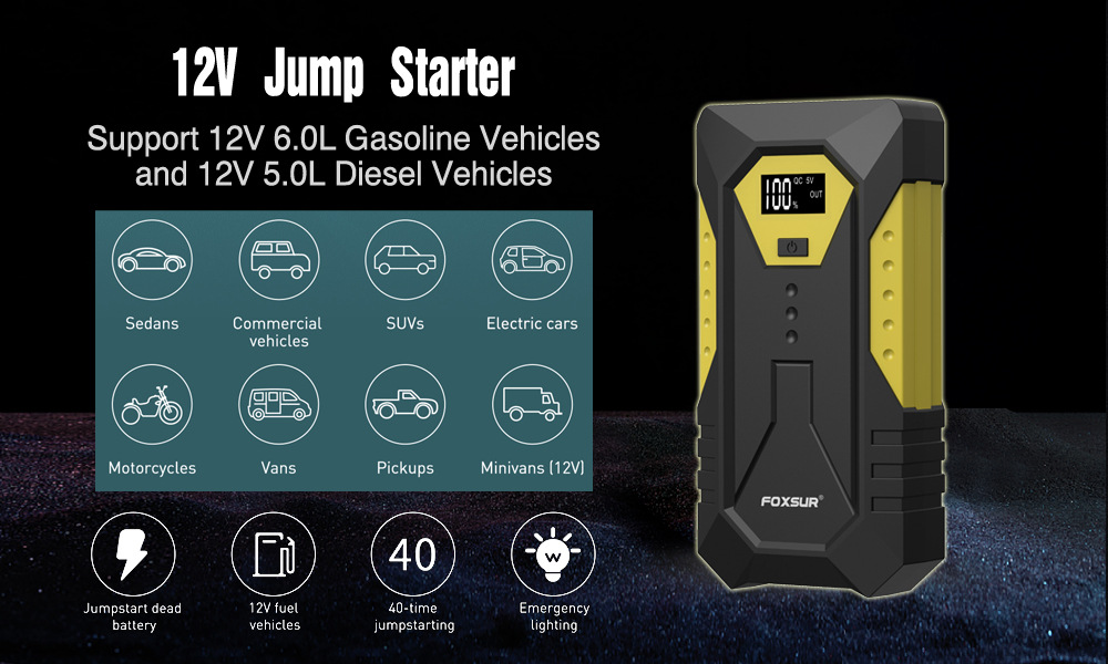 Wholesale Quick Charge 600A 12V Emergency Car & Truck Battery Booster Pack Power Bank Digital Screen LED Lighting Jump Starter